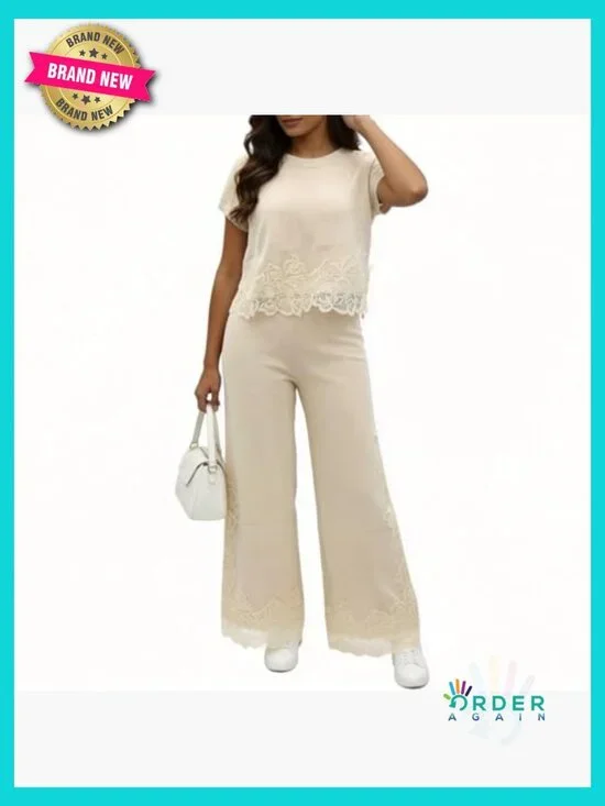 Knit Lace Pattern Top and Pants Set Chic Casual Loungewear Relaxed Fit - Picture 2 of 5